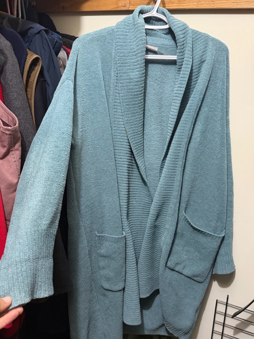 Natori Aura Shawl-Collar Open Front plush knit Cardigan in Dusty Teal